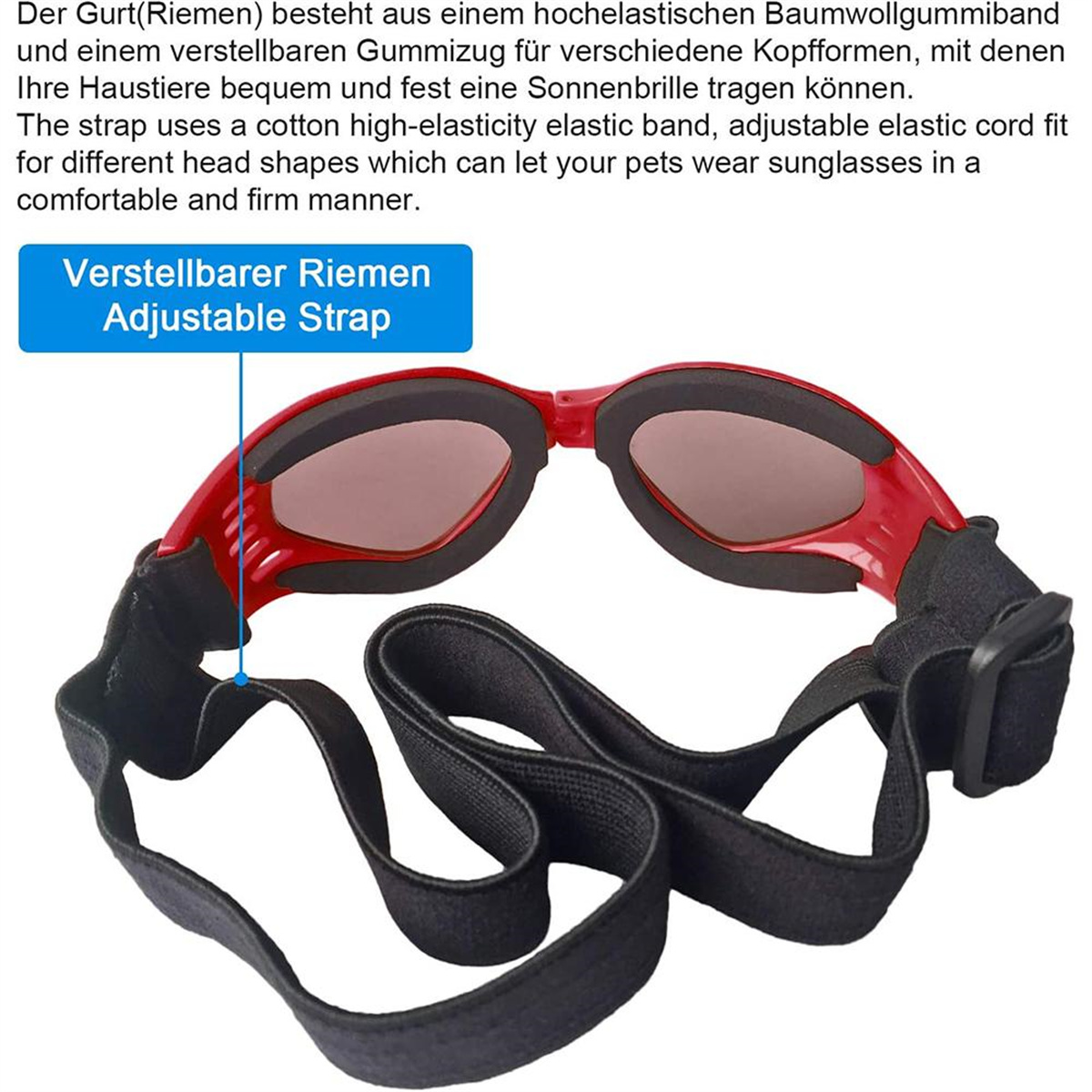 Rote Haustier-Sonnenbrille mit verstellbarem Riemen. Text auf Deutsch.