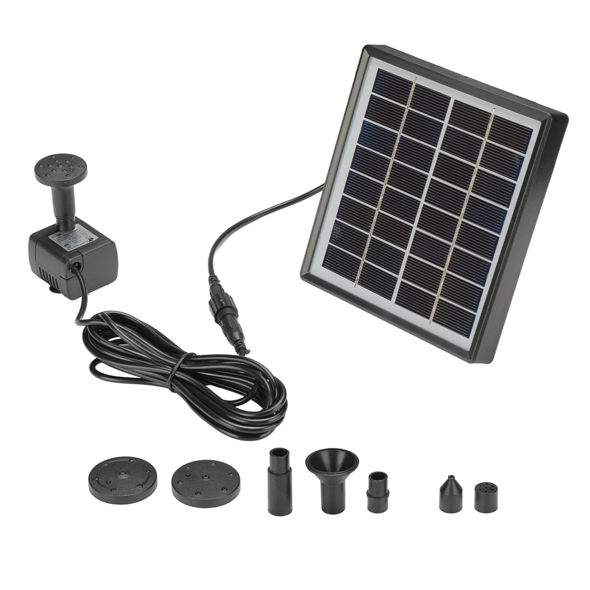 Solar-Springbrunnen-Set mit schwarzer Pumpe, Solarpanel und verschiedenen Springbrunnendüsen.