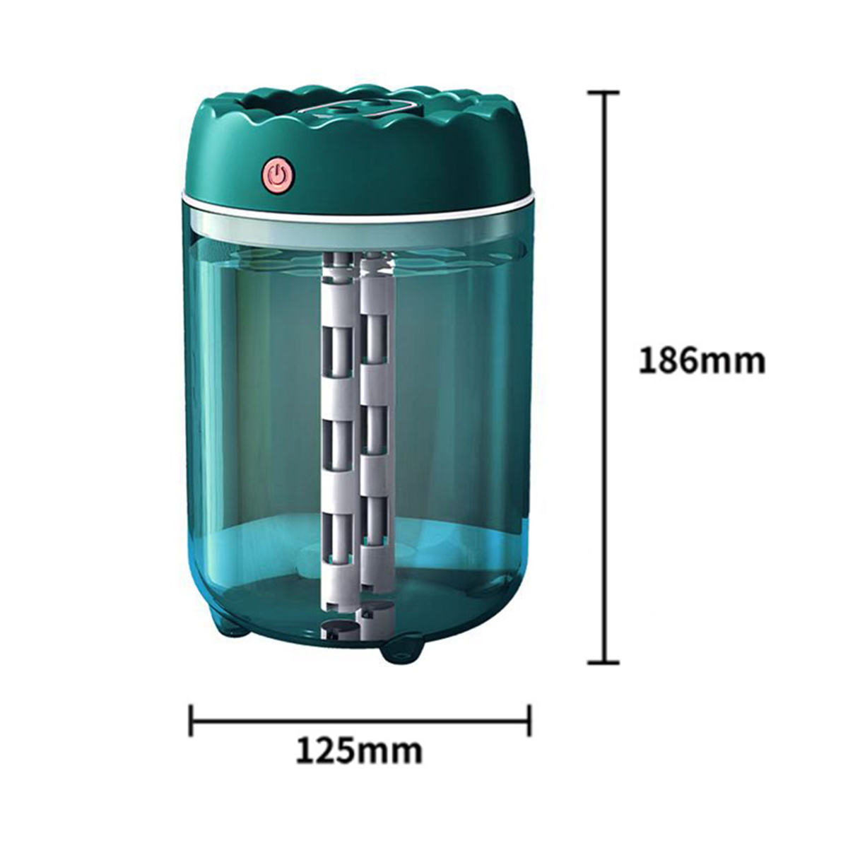 Ein teal-farbener, zylindrischer Luftbefeuchter mit einem transparenten Körper. Die Abmessungen sind 125 mm x 186 mm.