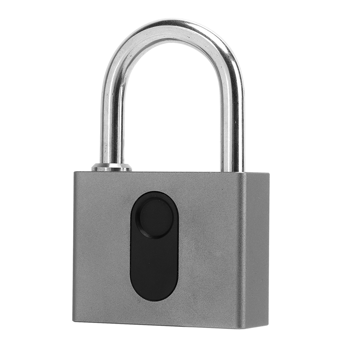 Ein silbernes Vorhängeschloss mit einem schwarzen Fingerabdrucksensor.