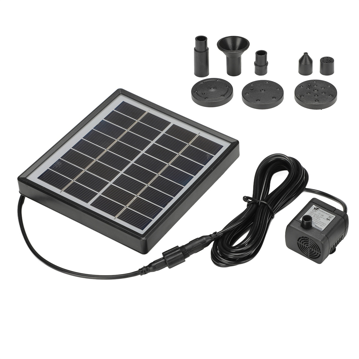Solarpanel mit Pumpe und Springbrunnenaufsätzen, schwarz und silber.