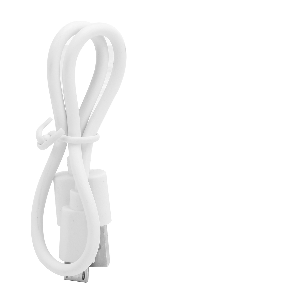 Weißes Ladekabel mit USB- und Ladeanschluss. Das Kabel ist gebogen und verbunden.