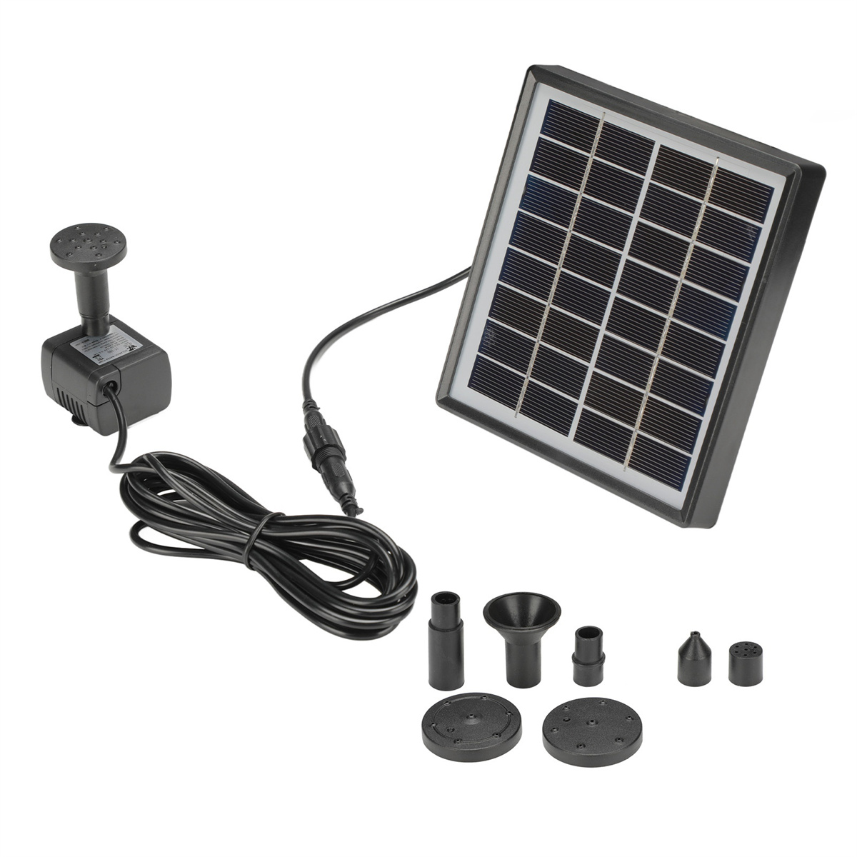 Ein schwarzes Solarwasserpumpen-Kit mit Zubehör, einschließlich Solarpanel und Düsen.