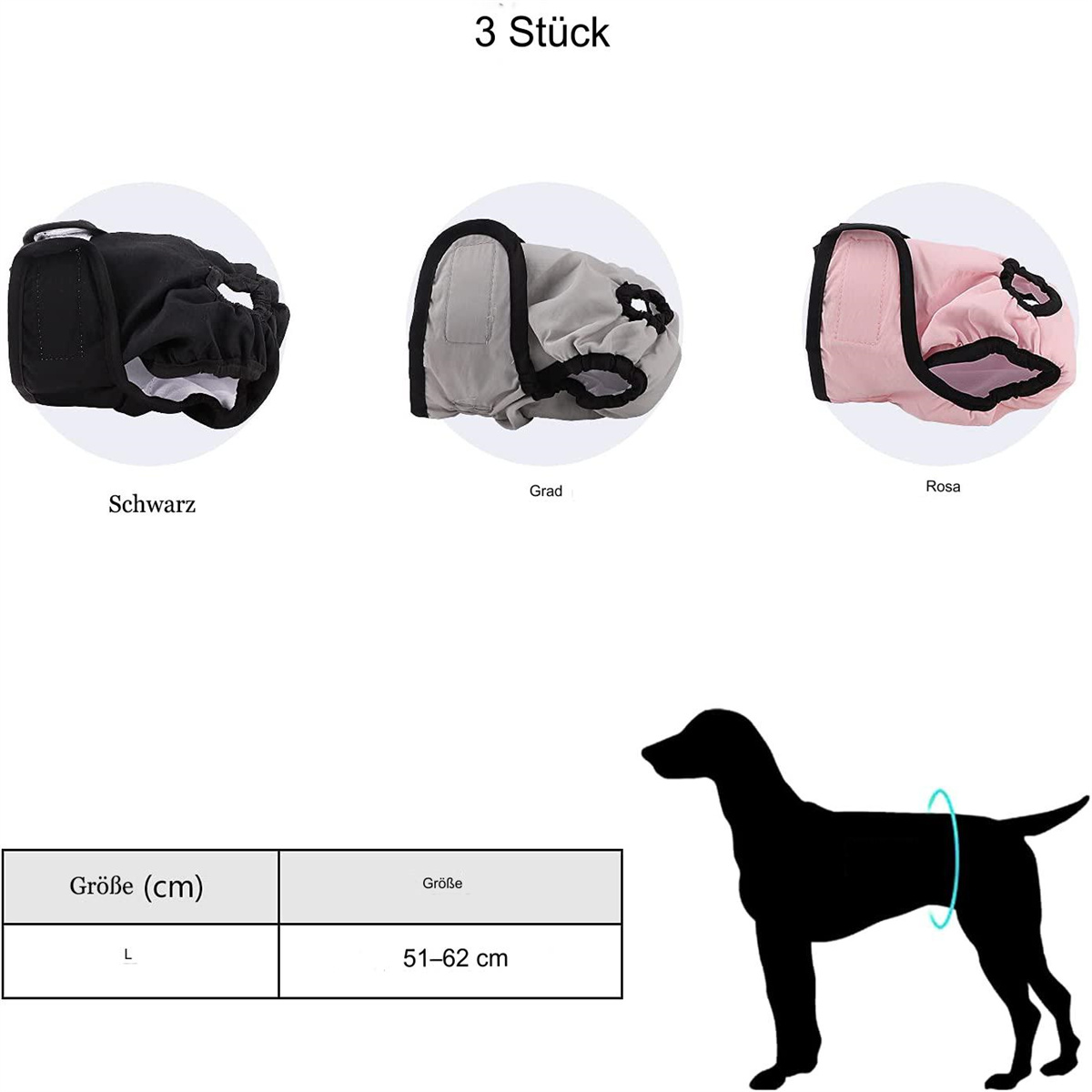 Drei Hunde Windeln in Schwarz, Grau und Rosa. Ein Diagramm zeigt die Größen.