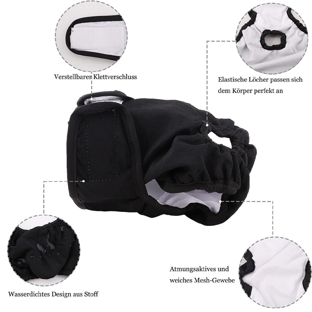 Schwarze Haustierwindel mit beschrifteten Merkmalen, Nahaufnahme.