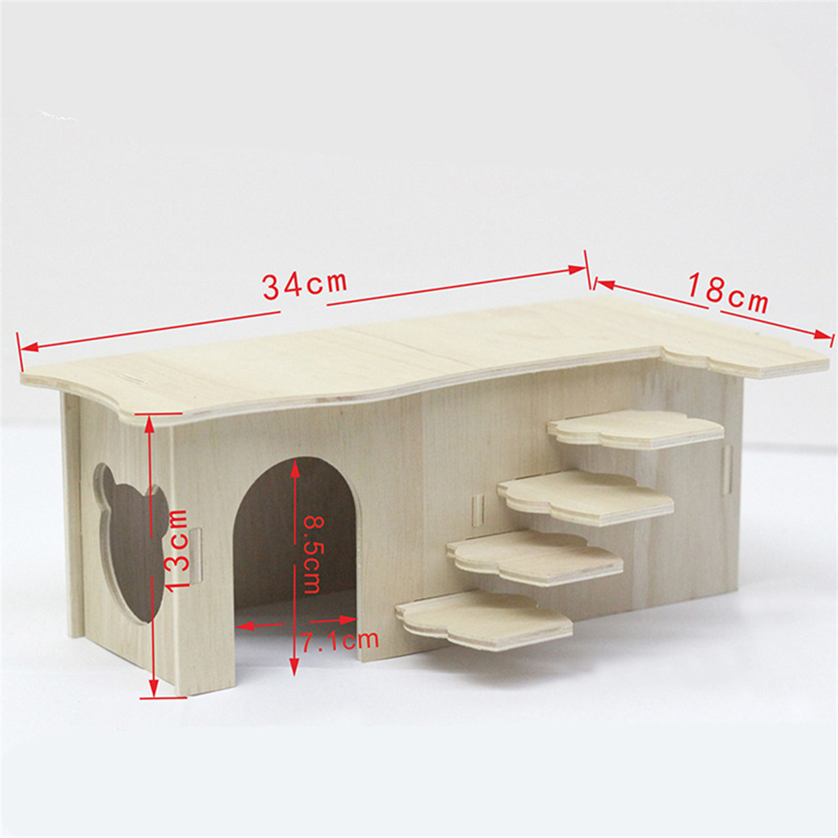 Holz-Hamsterhaus. Hellbraun, offene Tür, drei Regale, Maße beschriftet, weißer Hintergrund.