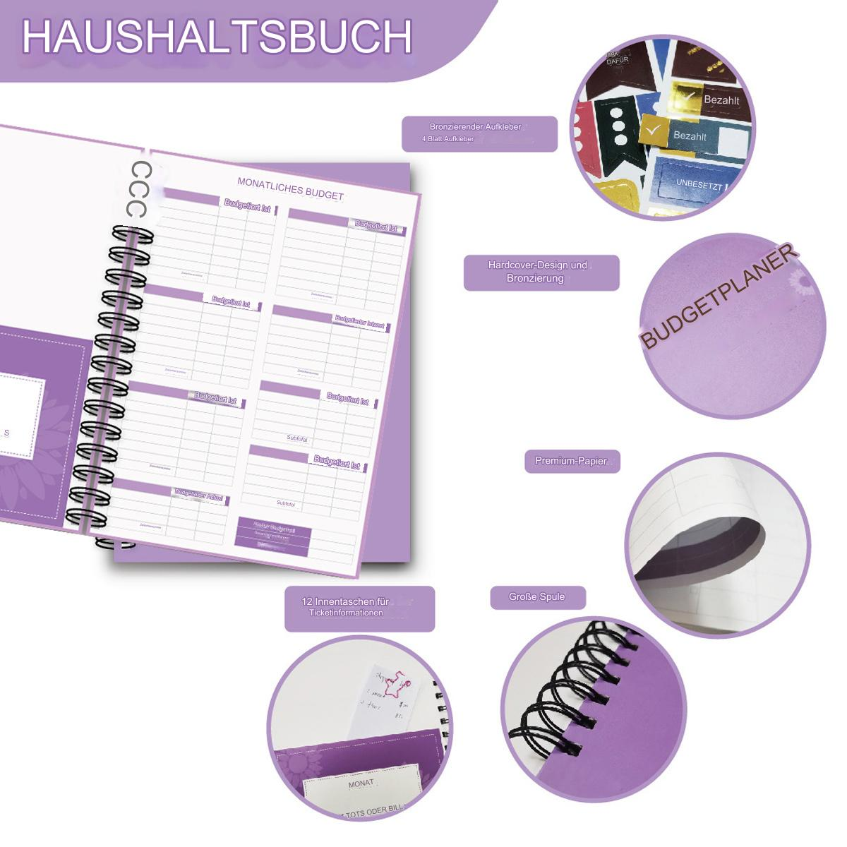 Ein lila Budgetplaner mit Spiralbindung und detaillierten Einsätzen.