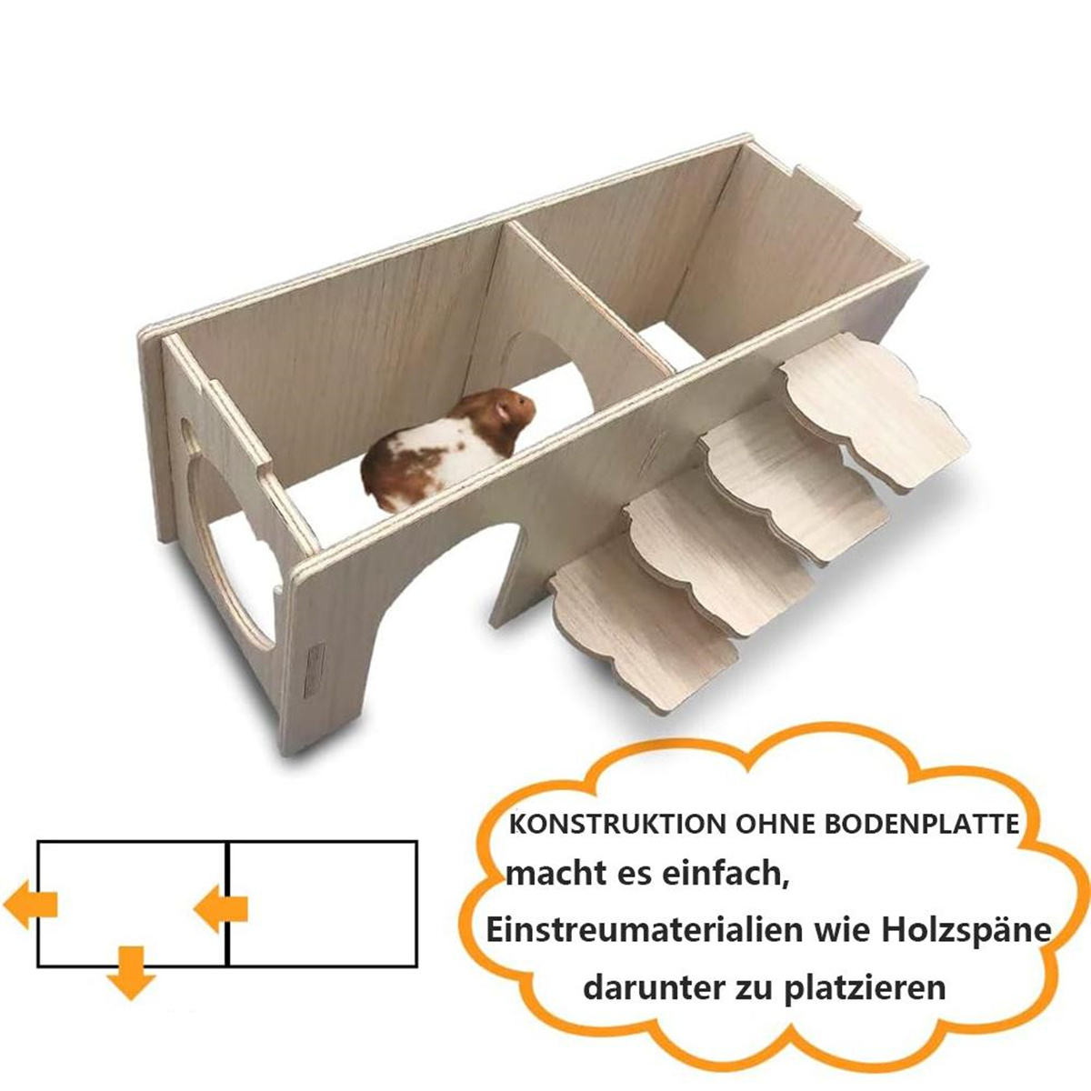 Ein hölzernes Tierhaus mit einem Meerschweinchen darin. Es hat Treppen und mehrere Fächer.