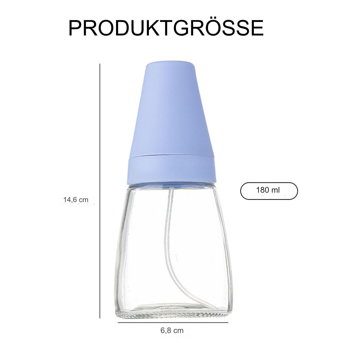 Eine Glasflasche mit hellblauem Deckel, Maße 14,6x6,8cm und 180 ml.