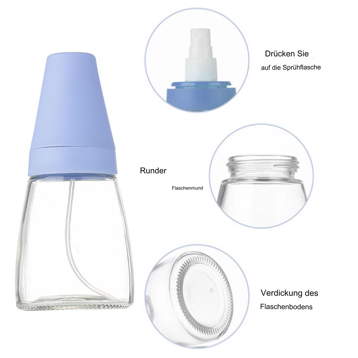 Eine Glassprühflasche mit blauem Deckel. Es gibt Detailansichten der Flaschenteile.