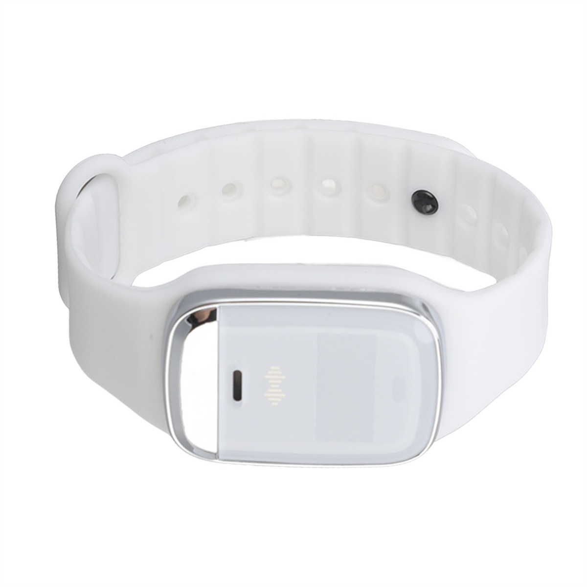Weißer Fitnesstracker mit weißem Armband, silberner Akzent, weißer Hintergrund.