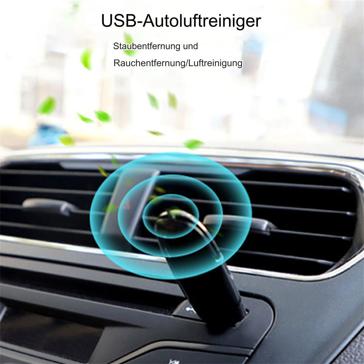 Ein USB-Auto-Luftreiniger, mit Fokus auf Luftauslass und grünen Blattsymbolen.