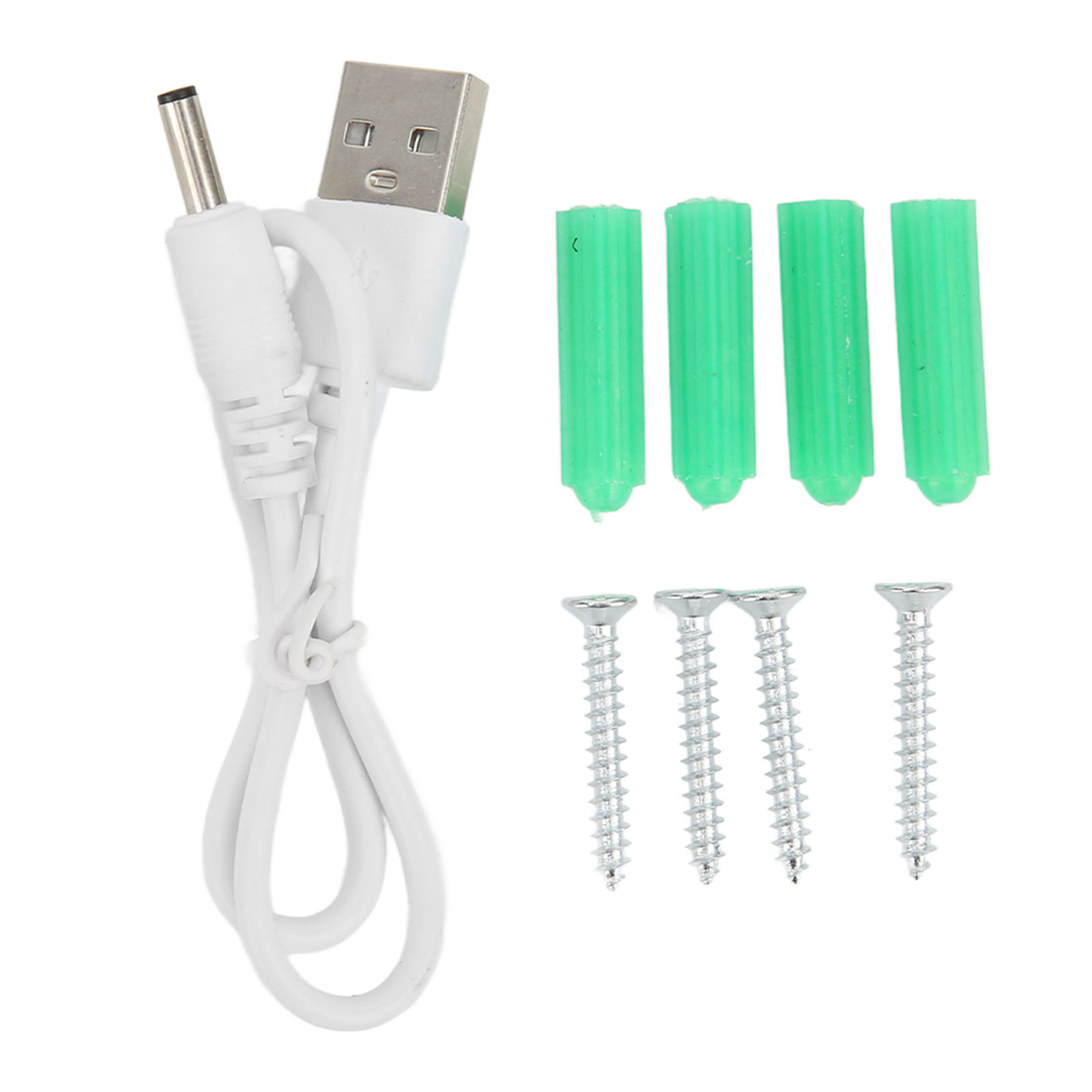 Weißes Kabel mit DC-Anschluss und USB. Grüne Wandanker und silberne Schrauben. Weißer Hintergrund.