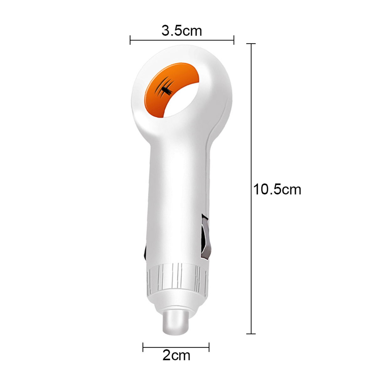 Weißer und orangefarbener Auto-Lufterfrischer. Er hat die Abmessungen 3,5 x 10,5 x 2 cm. Weißer Hintergrund.