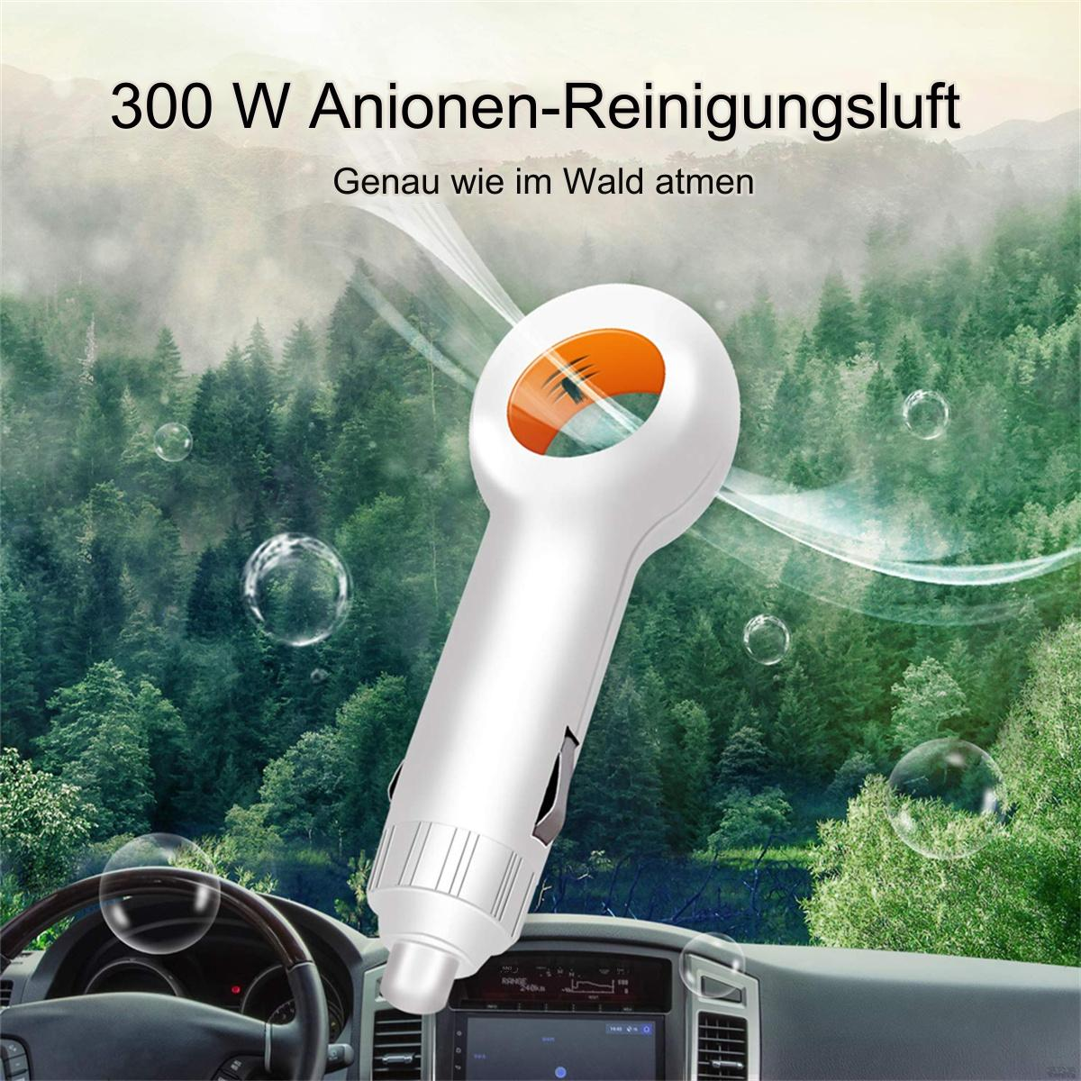 Weißer Auto-Luftreiniger in einem Auto. Der Hintergrund zeigt einen grünen Wald, Blasen umgeben das Gerät.