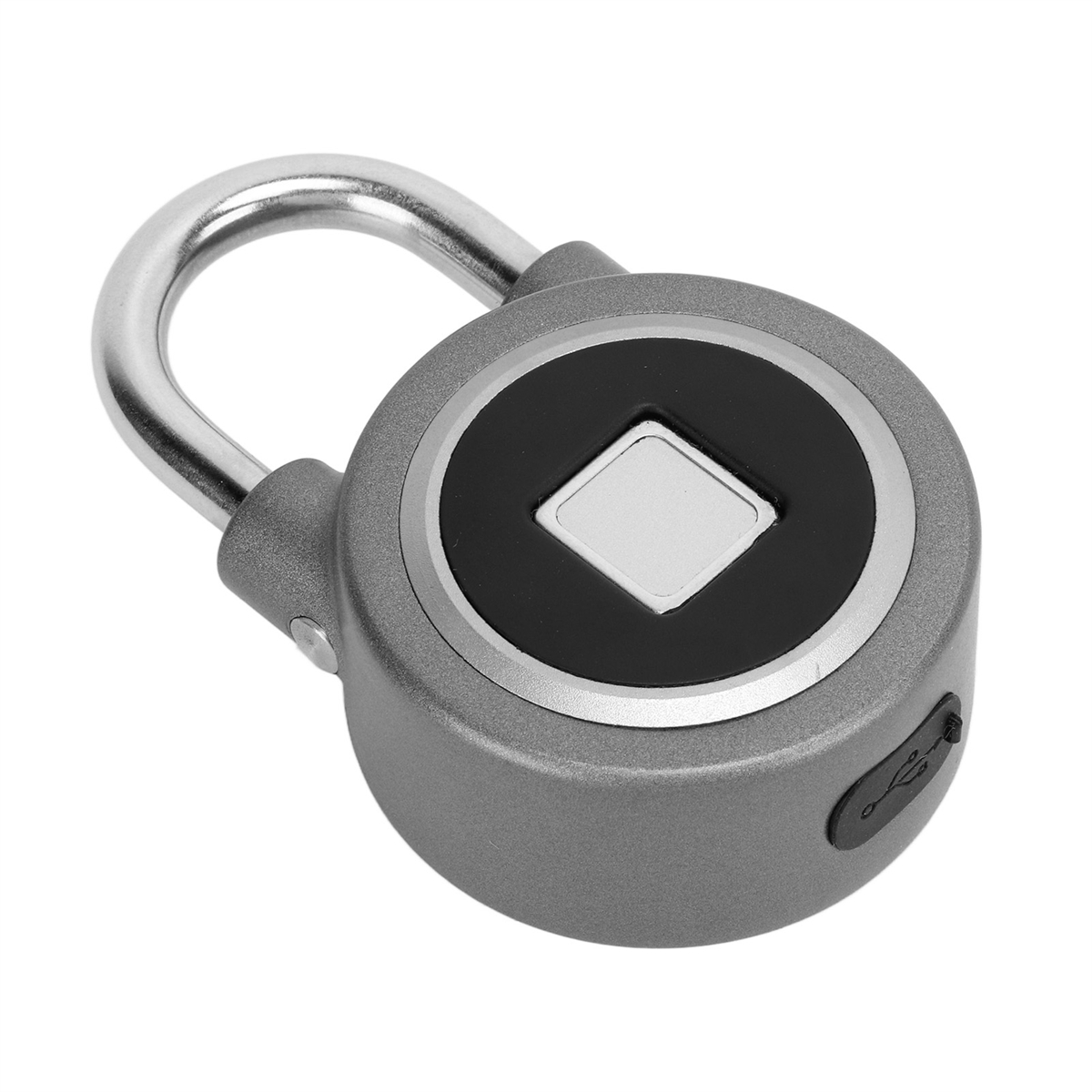 Graues Vorhängeschloss mit schwarzem Mittelteil, Fingerabdrucksensor und silbernem Bügel. USB-Anschluss.