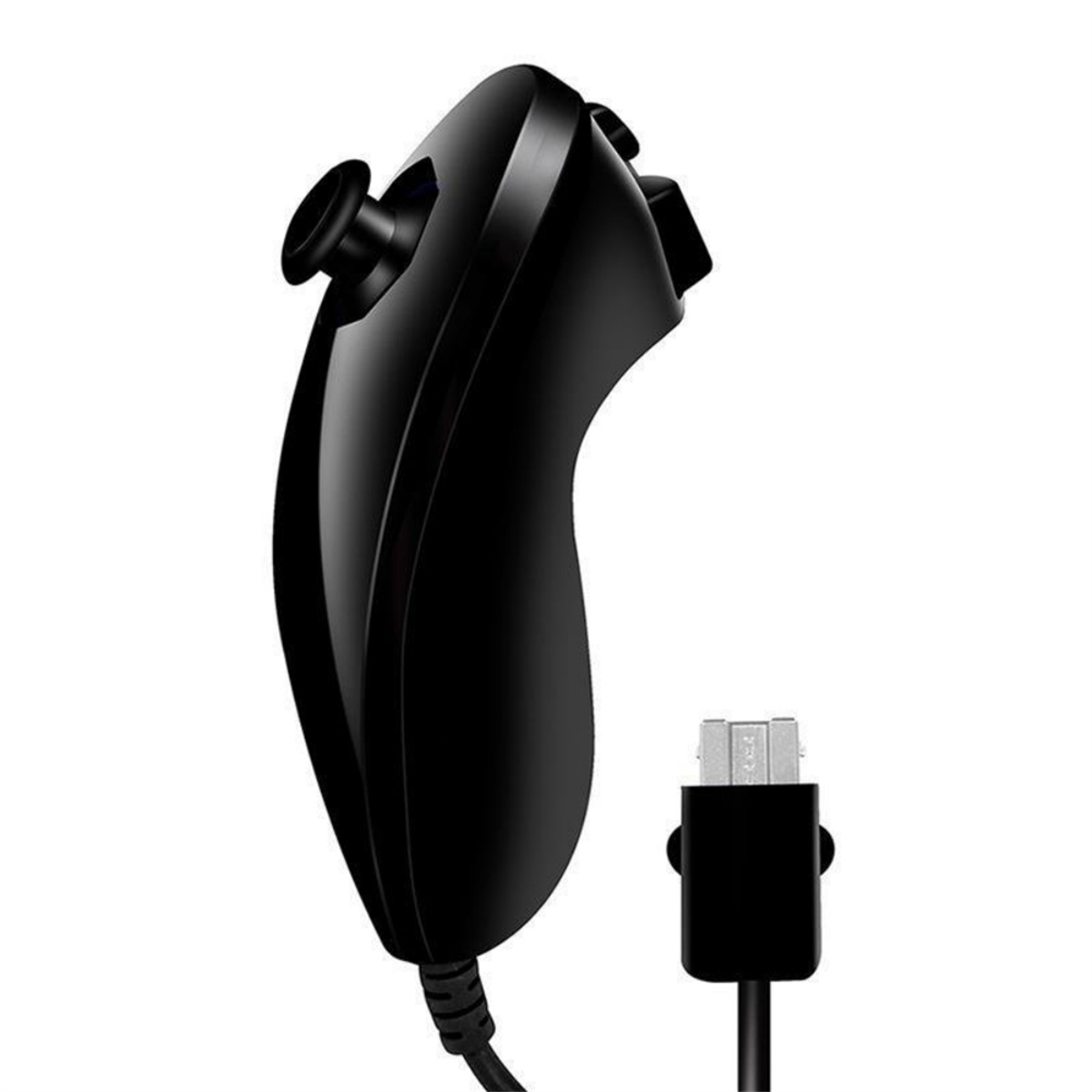 Eine schwarze Wii-Fernbedienung mit Kabelanschluss.