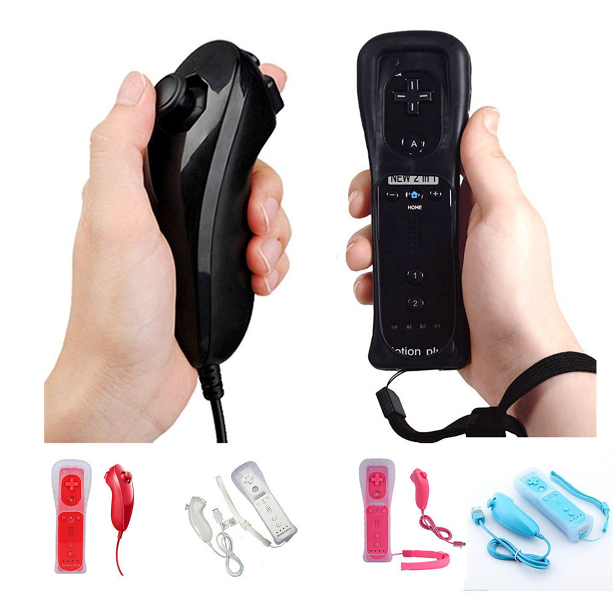 Zwei Hände halten schwarze Spielcontroller sowie kleinere Controller und Zubehör.