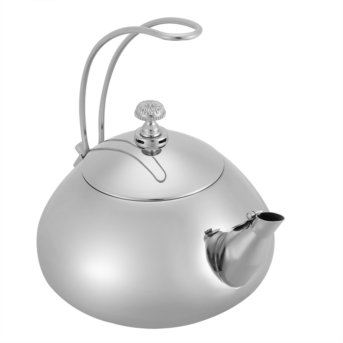 Silberne Teekanne mit gebogenem Griff und Ausguss. Ein Deckel mit Knopf ist oben.