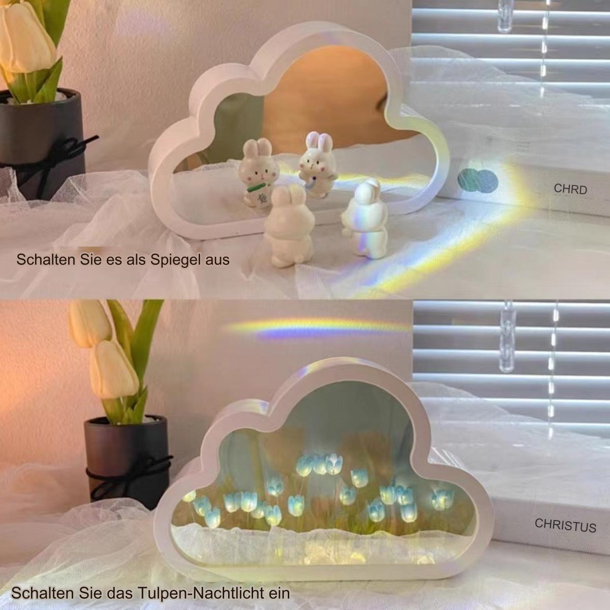 Wolkenförmiges Dekorationslicht mit Hasenfiguren und Spiegel. Obere und untere Ansicht.