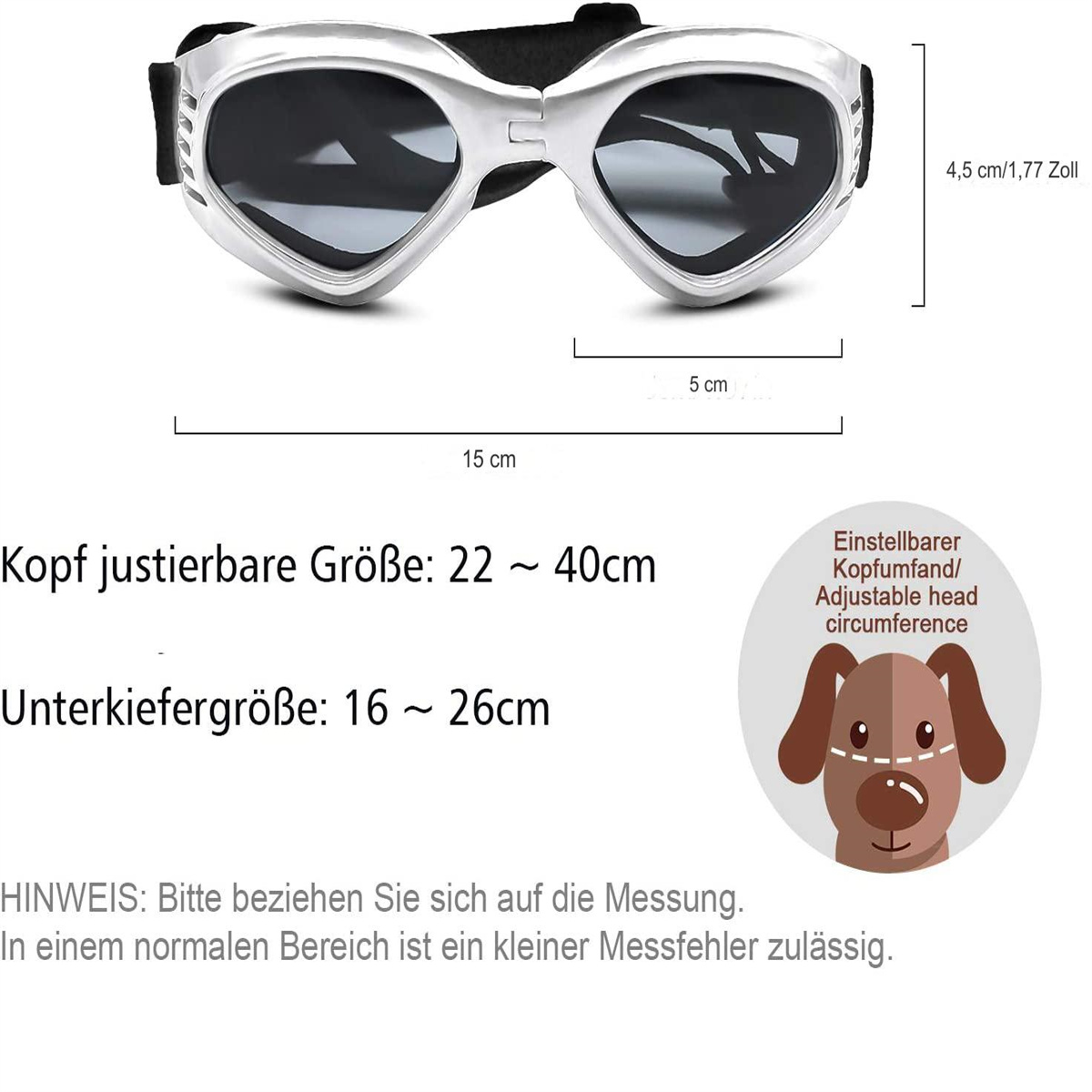 Hundegläser mit Abmessungen und Informationen zur einstellbaren Kopfgröße auf weißem Hintergrund.