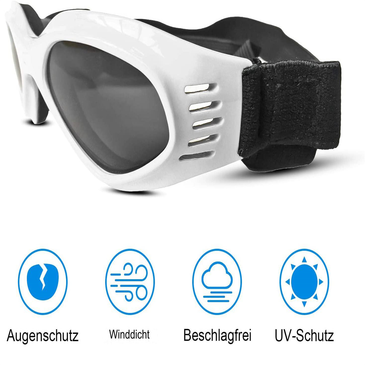 Weiße Schutzbrille mit schwarzen Gläsern und Icons für Schutzeigenschaften.