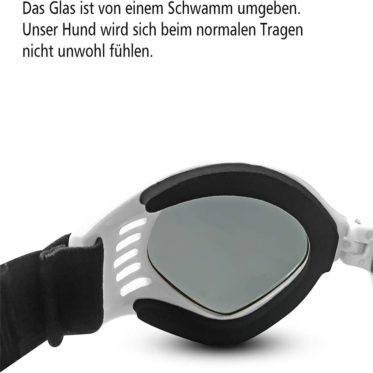 Hundebrille. Weißer Rahmen mit schwarzer Polsterung und getönten Gläsern. Text 'Das Glas ist...' sichtbar.
