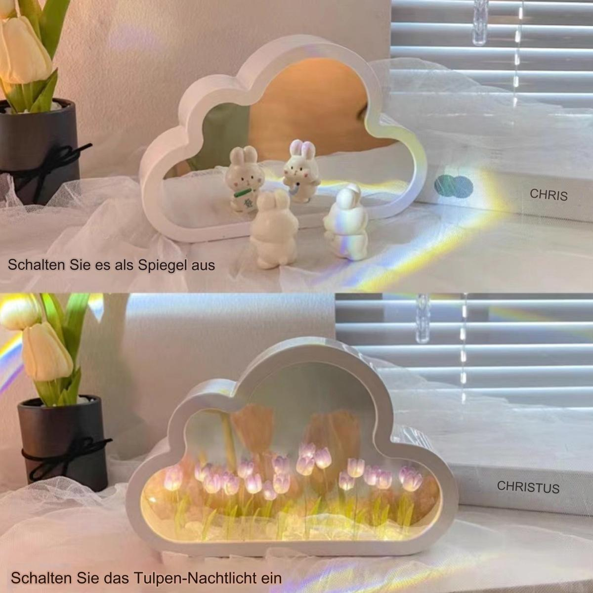 Wolkenförmiges Licht mit Hasen und Blumen. Wechselt zwischen Spiegel und Nachtlichteffekt.