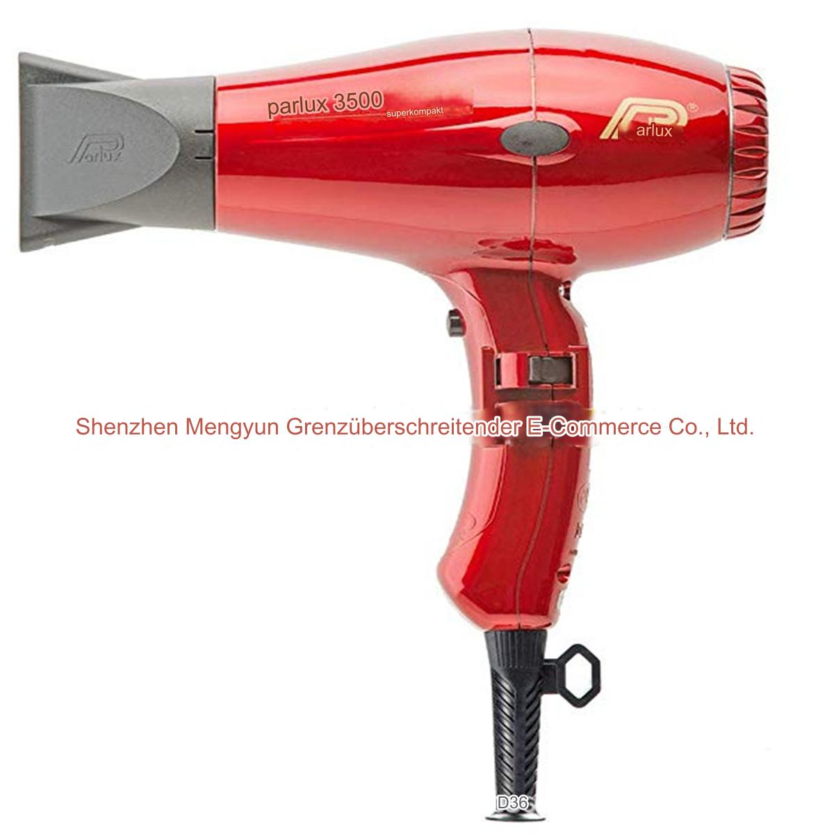 Ein roter Haartrockner mit schwarzem Griff, beschriftet mit 'parlux 3500'.