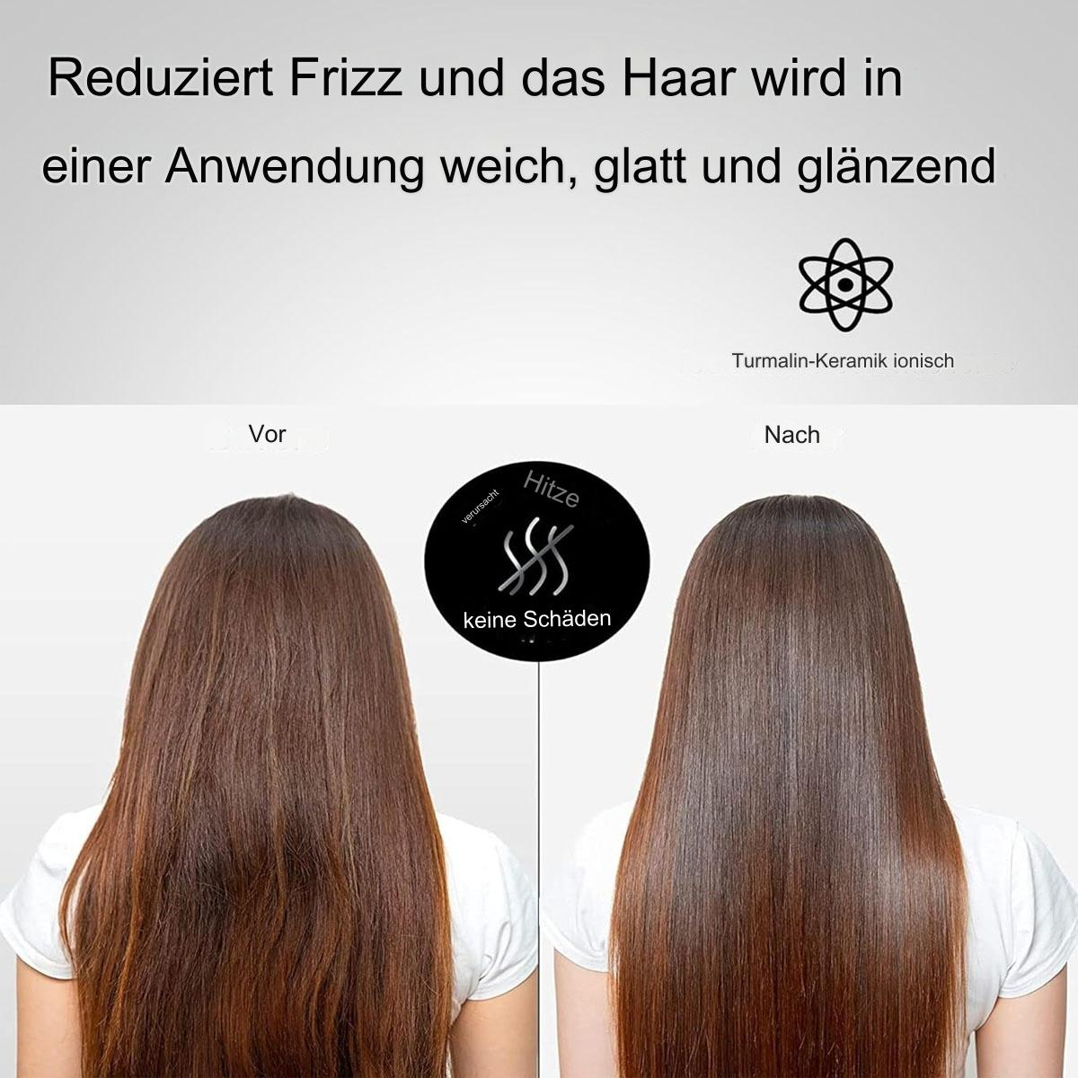 Vorher-Nachher-Bilder des Haares, mit Text, der die Ergebnisse beschreibt.