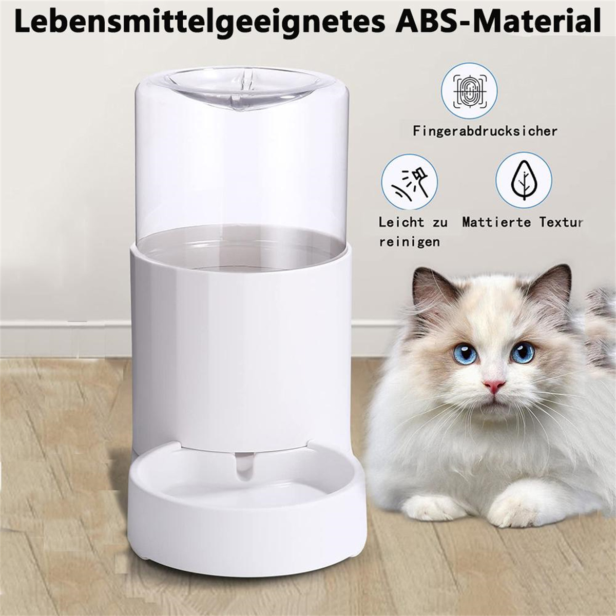 Weißer Futterautomat mit Katze. Text: 'Lebensmittelechtes ABS-Material'.
