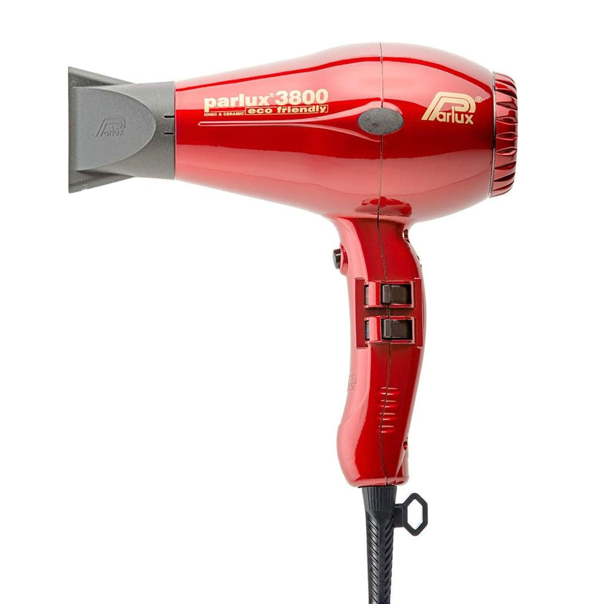 Roter Parlux 3800 Haartrockner mit schwarzem Kabel, vor weißem Hintergrund.