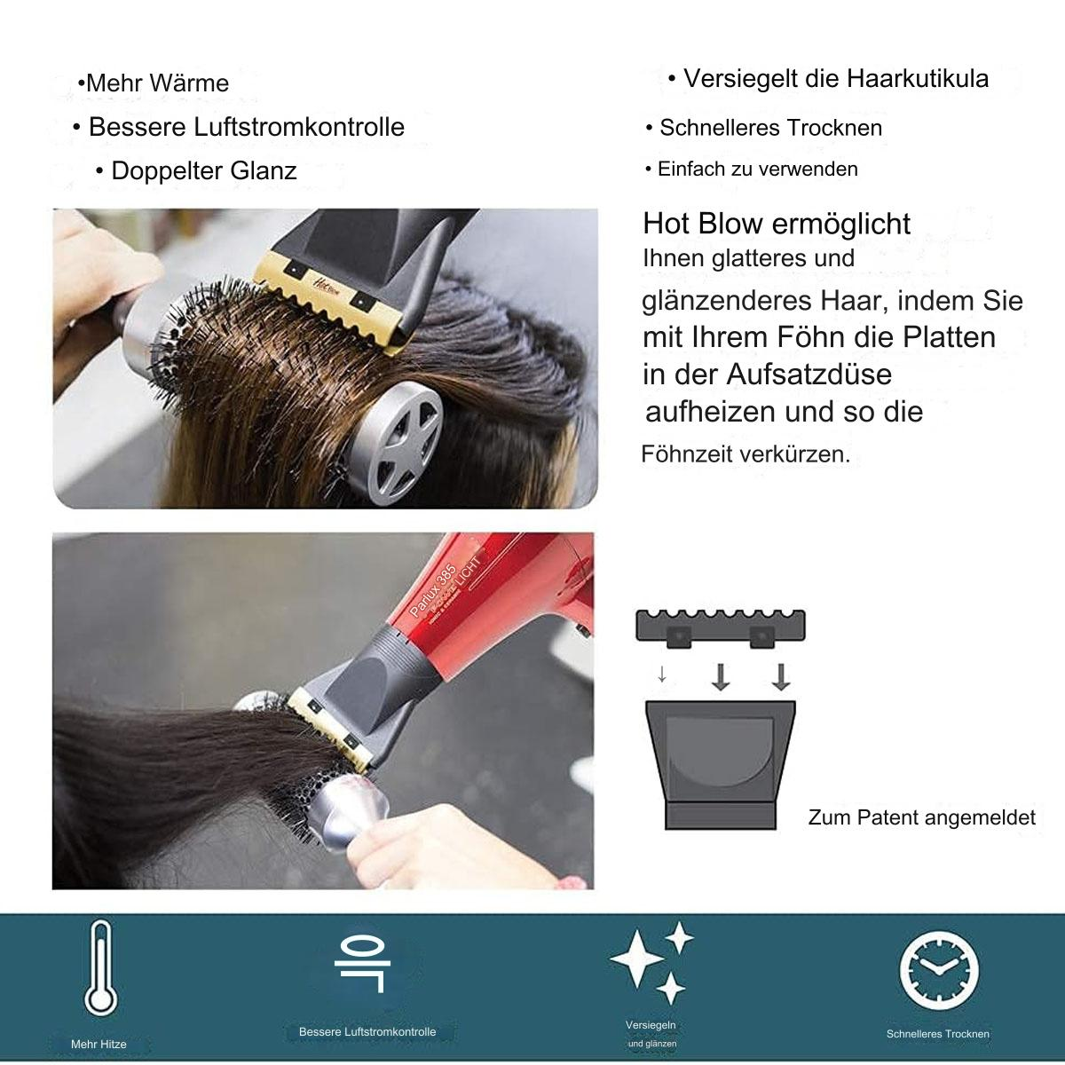 Bilder, die das Styling von Haaren zeigen. Eine Person benutzt einen Föhn und eine Bürste. Text auf Deutsch.