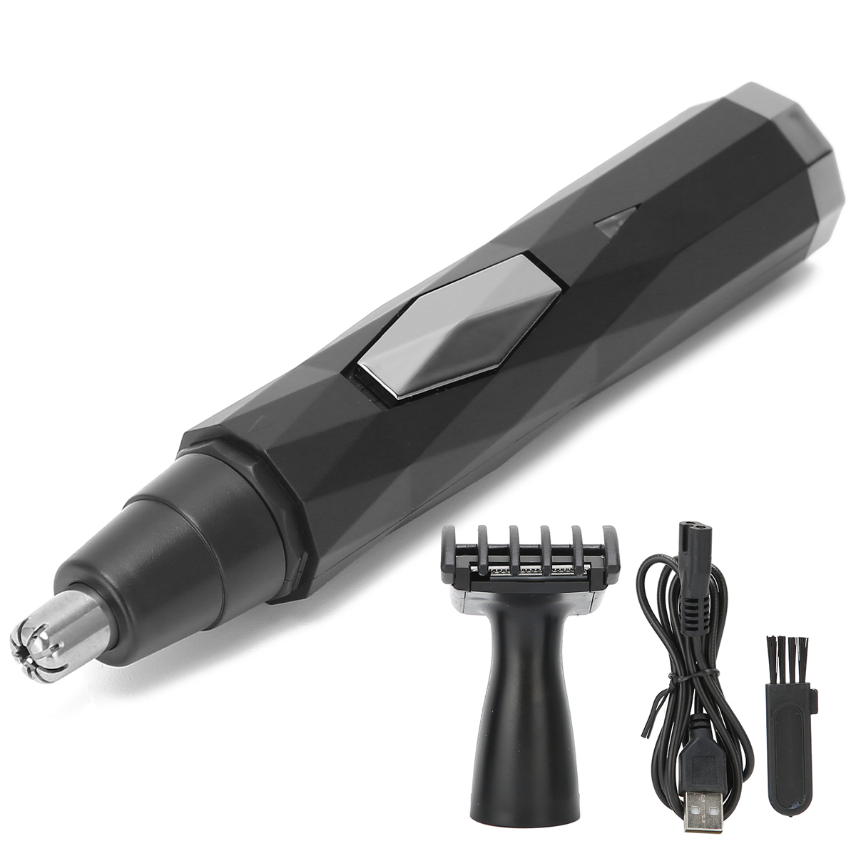 Schwarzer Nasenhaartrimmer mit Aufsätzen und USB-Ladekabel auf weißem Grund.