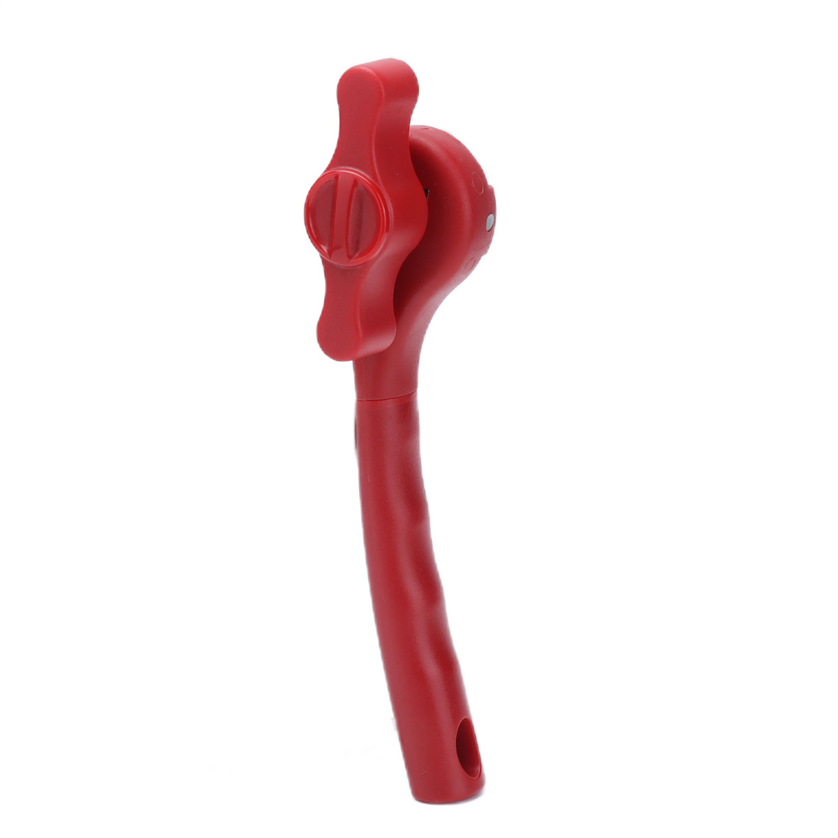 Roter Dosenöffner auf weißem Hintergrund. Er hat einen Griff und einen Drehmechanismus.