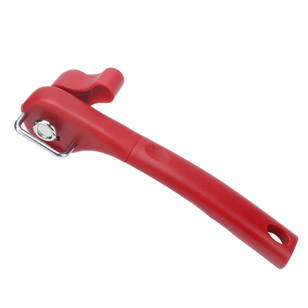 Roter Dosenöffner mit langem Griff und Hebel.