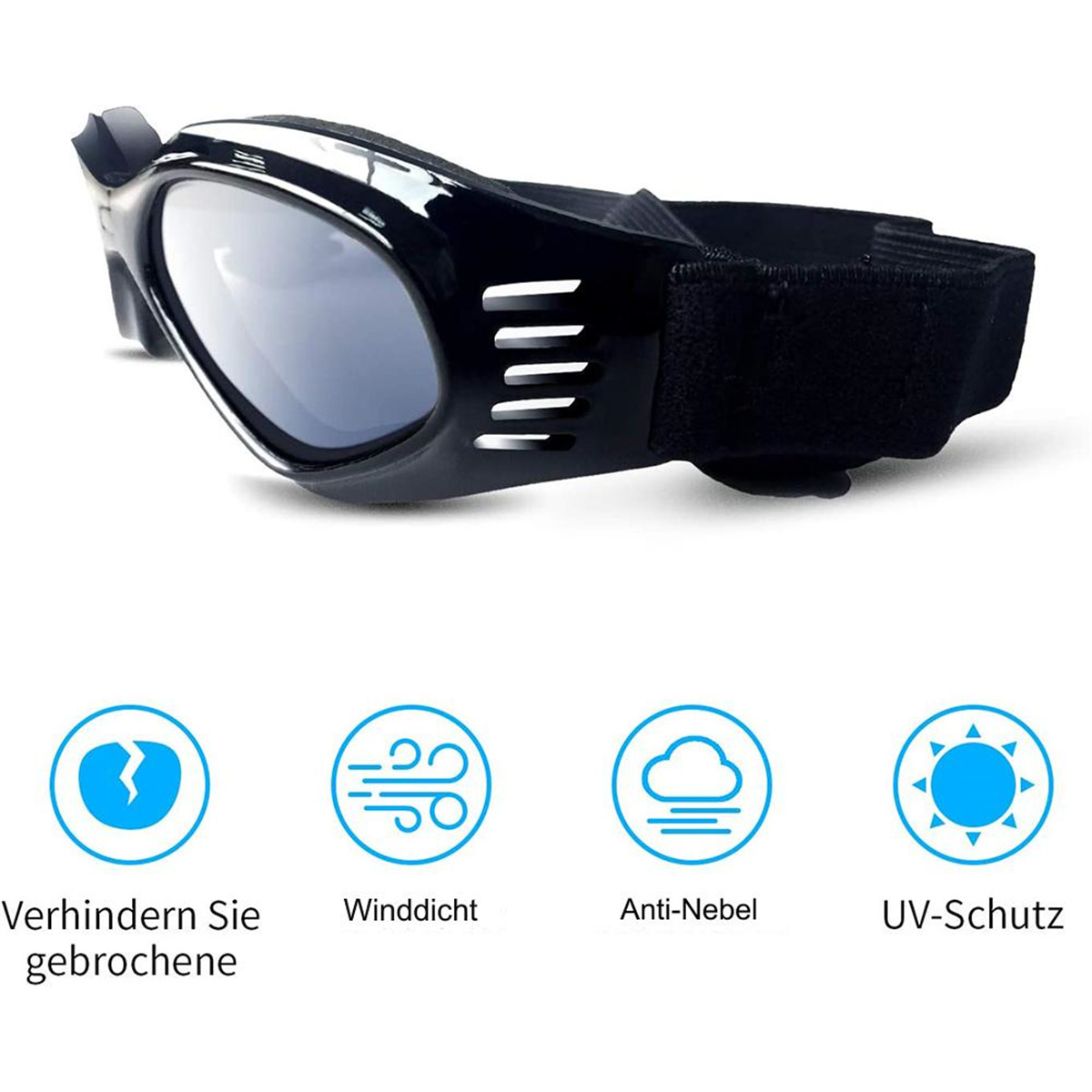Schwarze Hundegläser mit weißen Belüftungsöffnungen und Symbolen für Schutzfunktionen.