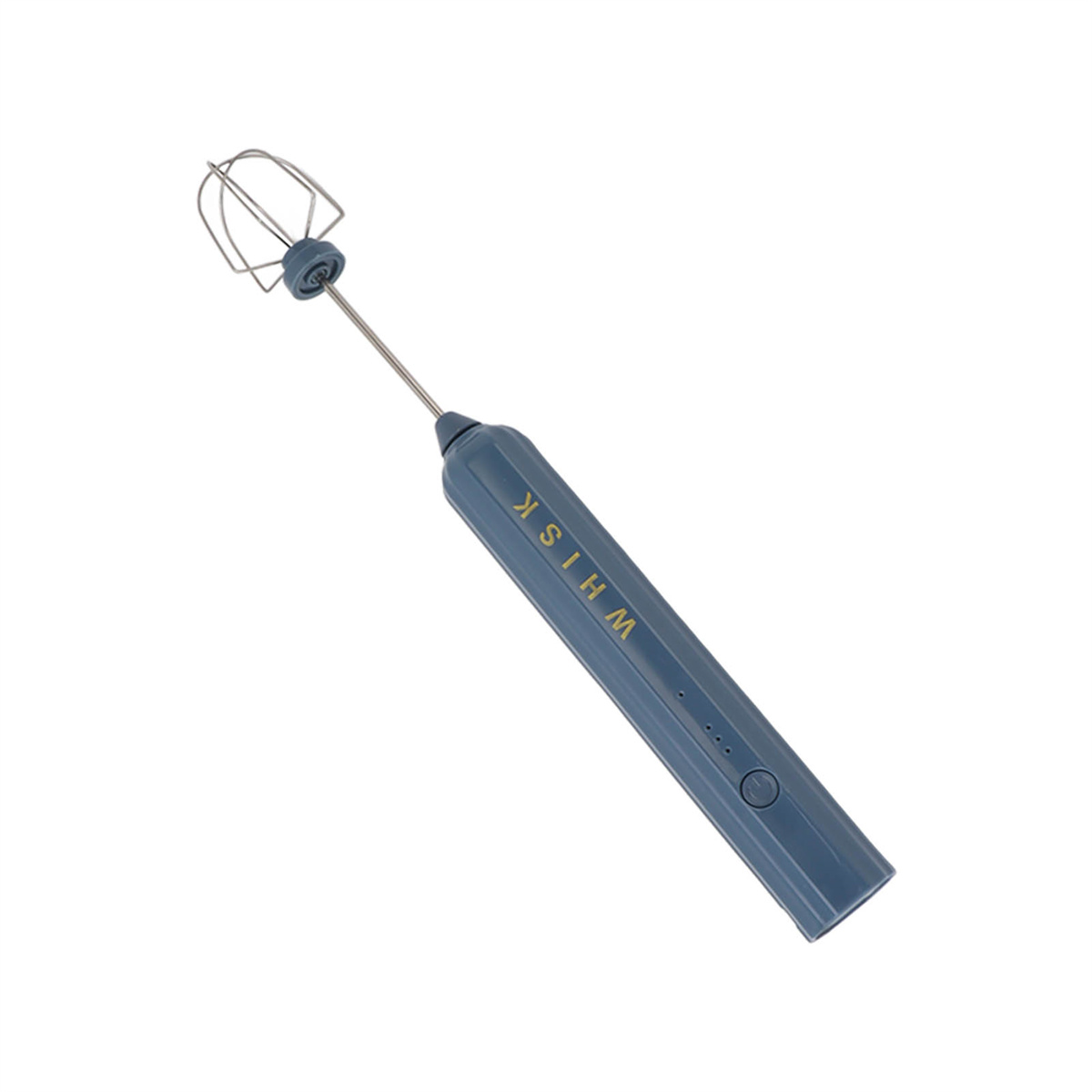 Ein handgehaltener blauer Schneebesen mit dem Wort WHISK darauf. Der Schneebesen ist aus Metall.