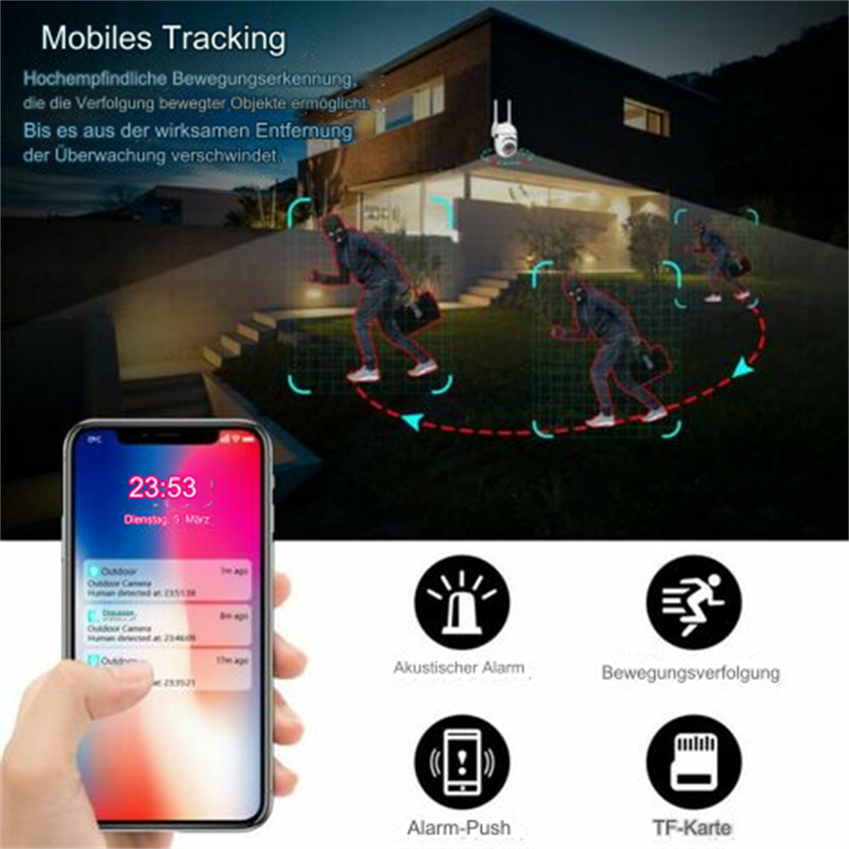Ein Telefon zeigt Zeit und Benachrichtigungen. Im Hintergrund zeigt ein Haus mit Überwachungskameras eine Person beim Laufen.
