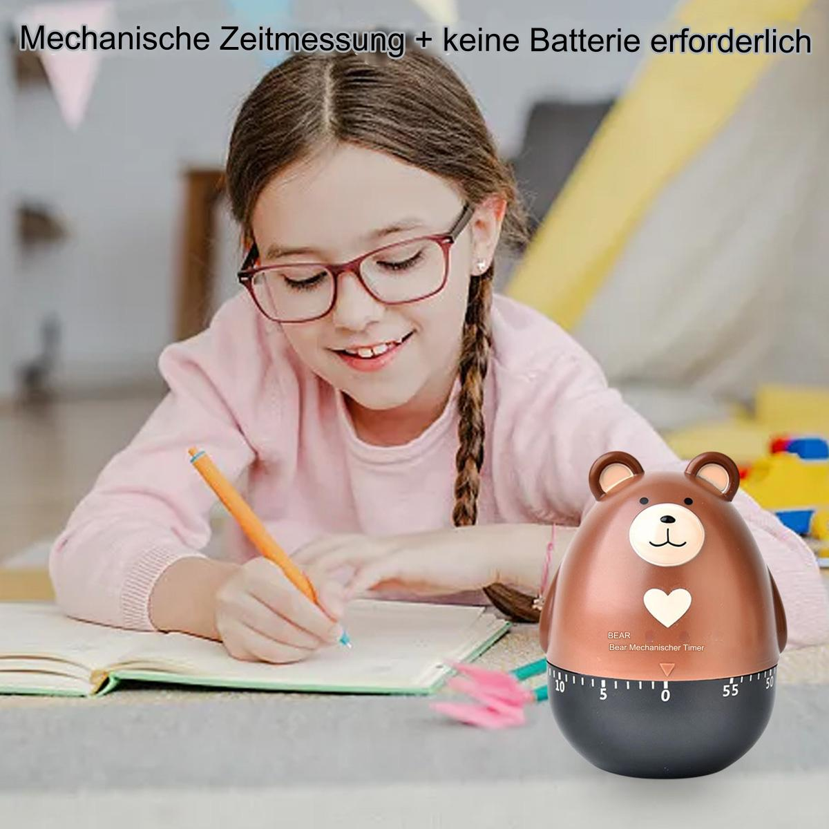 Ein Mädchen mit Brille schreibt in ein Buch. Rechts ist ein Bärchen-Timer.