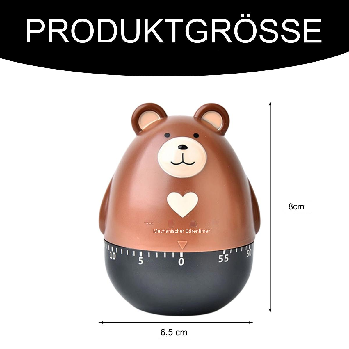 Ein brauner, bärenförmiger Küchenwecker mit schwarzem Sockel und weißem Herz in der Mitte.