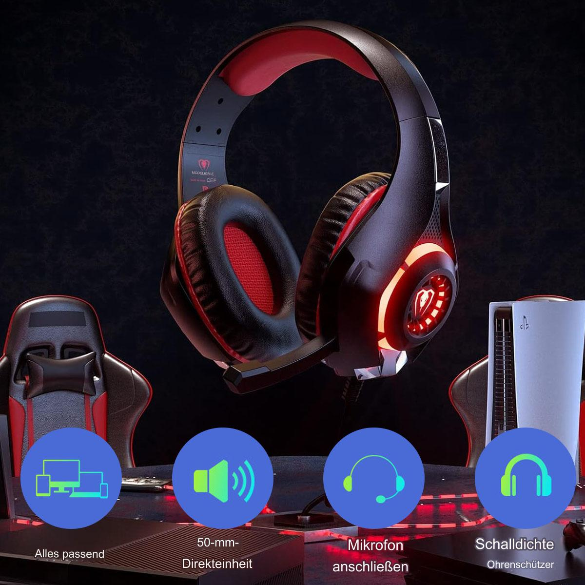 Schwarzes und rotes Gaming-Headset. Ein schwarzer Stuhl und eine weiße Konsole im Hintergrund.