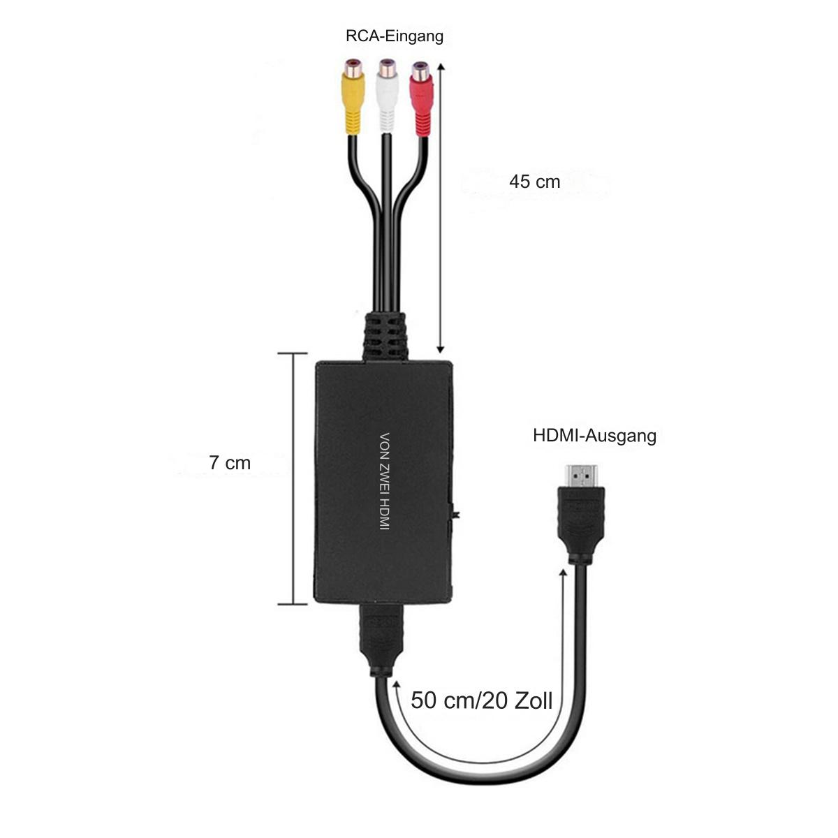 RCA-zu-HDMI-Adapter. Kabel sind gelb, rot und weiß. Der Adapter ist schwarz. Abmessungen werden gezeigt.