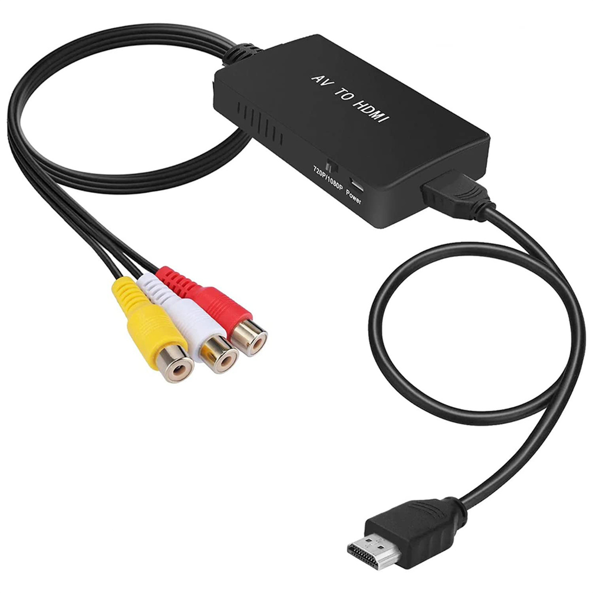 Schwarzer AV-zu-HDMI-Adapter mit Kabeln und Anschlüssen. HDMI- und Cinch-Anschlüsse sind sichtbar.
