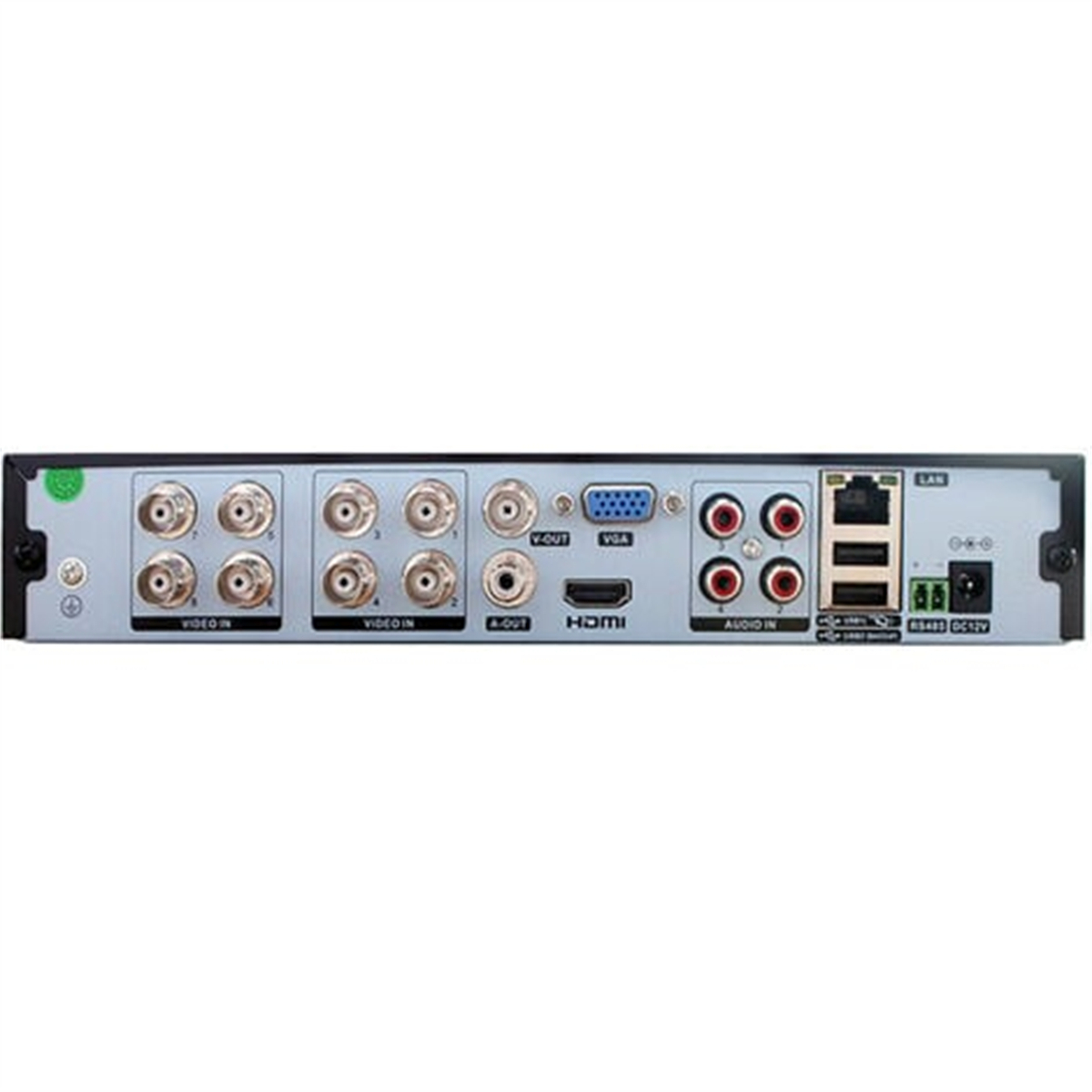 Rückansicht eines schwarzen Geräts mit vielen Anschlüssen und Steckern, beschriftet mit Video In, HDMI, Audio In.