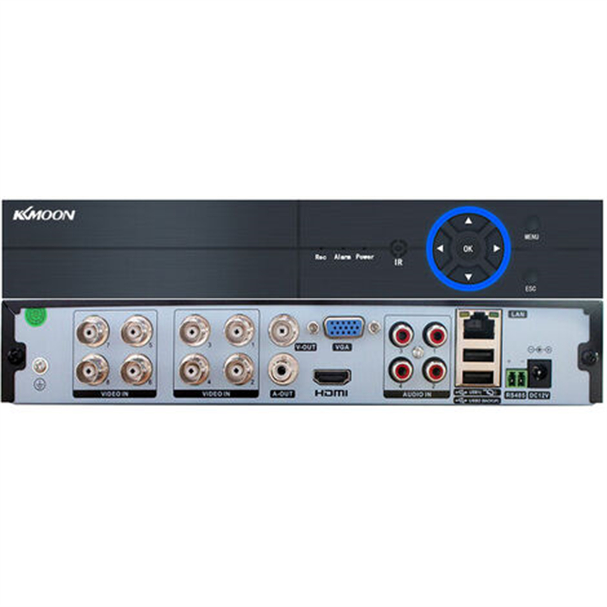 Schwarzer DVR mit mehreren Eingangsanschlüssen und Bedientasten auf weißem Hintergrund.