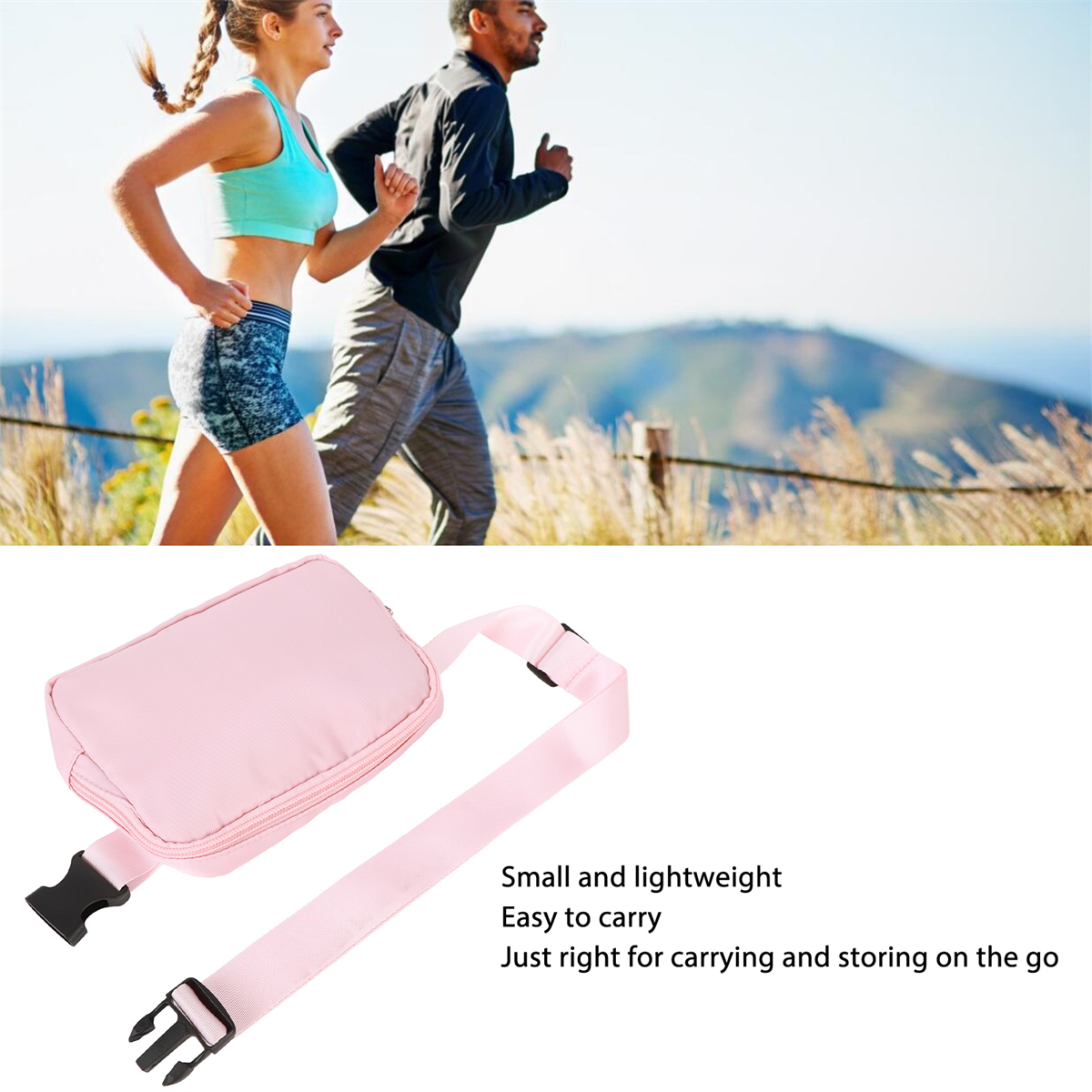 Paar rennt, mit einer rosa Bauchtasche im Vordergrund.