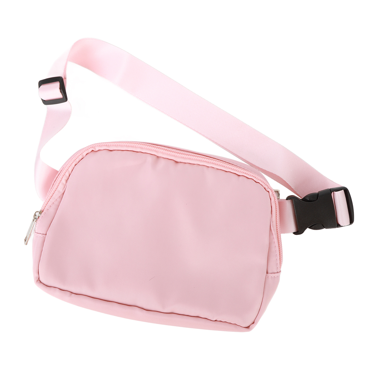 Rosa Bauchtasche mit schwarzer Schnalle. Die Tasche hat einen Reißverschluss und einen rosa Gurt. Weißer Hintergrund.