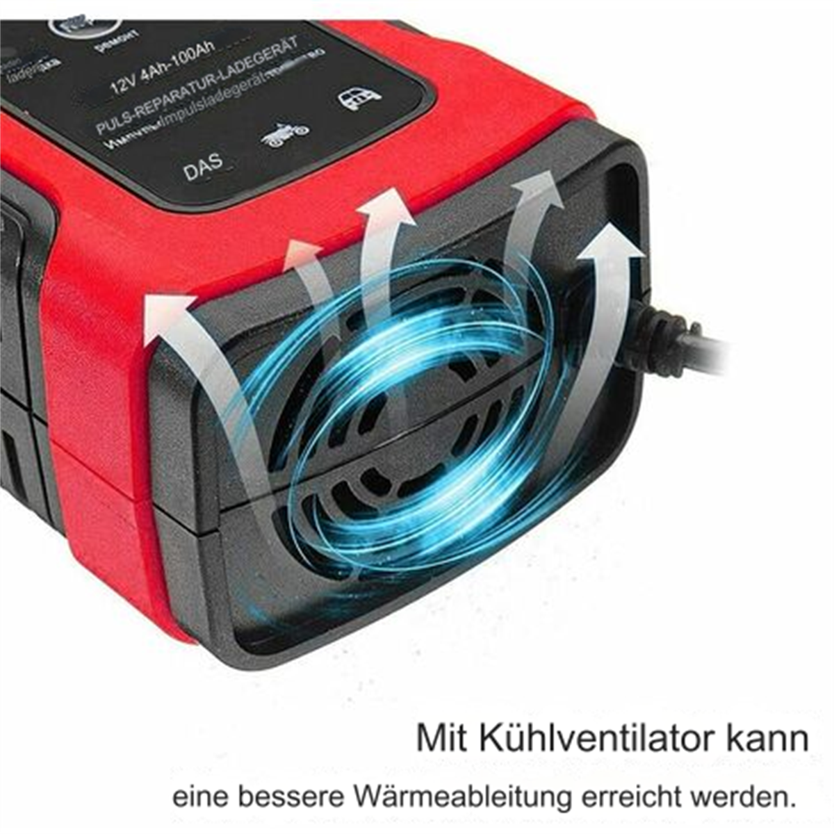 Rotes und schwarzes Autobatterieladegerät mit blauem Lüfter und weißen Pfeilen.