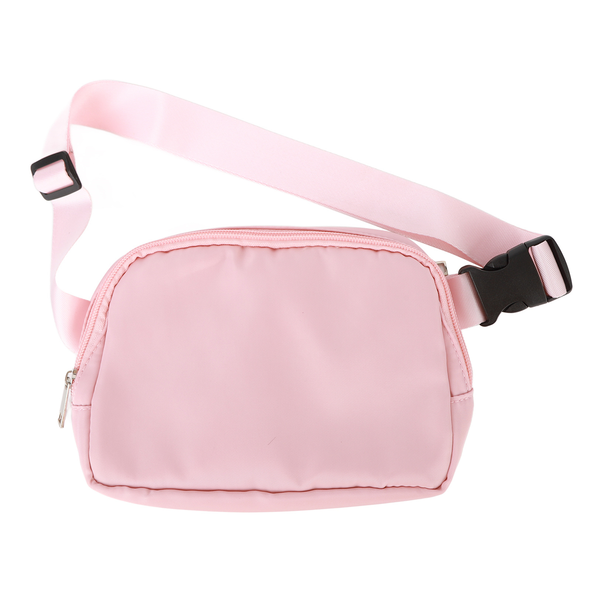 Eine rosa Bauchtasche mit Reißverschluss und verstellbarem Riemen, eine schwarze Schnalle.